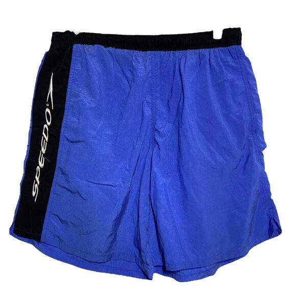 Vintage Speedo Swim Trunks 90s Pocket Mesh Lined Drawstring Blue Black 32" XS - Picture 1 of 5